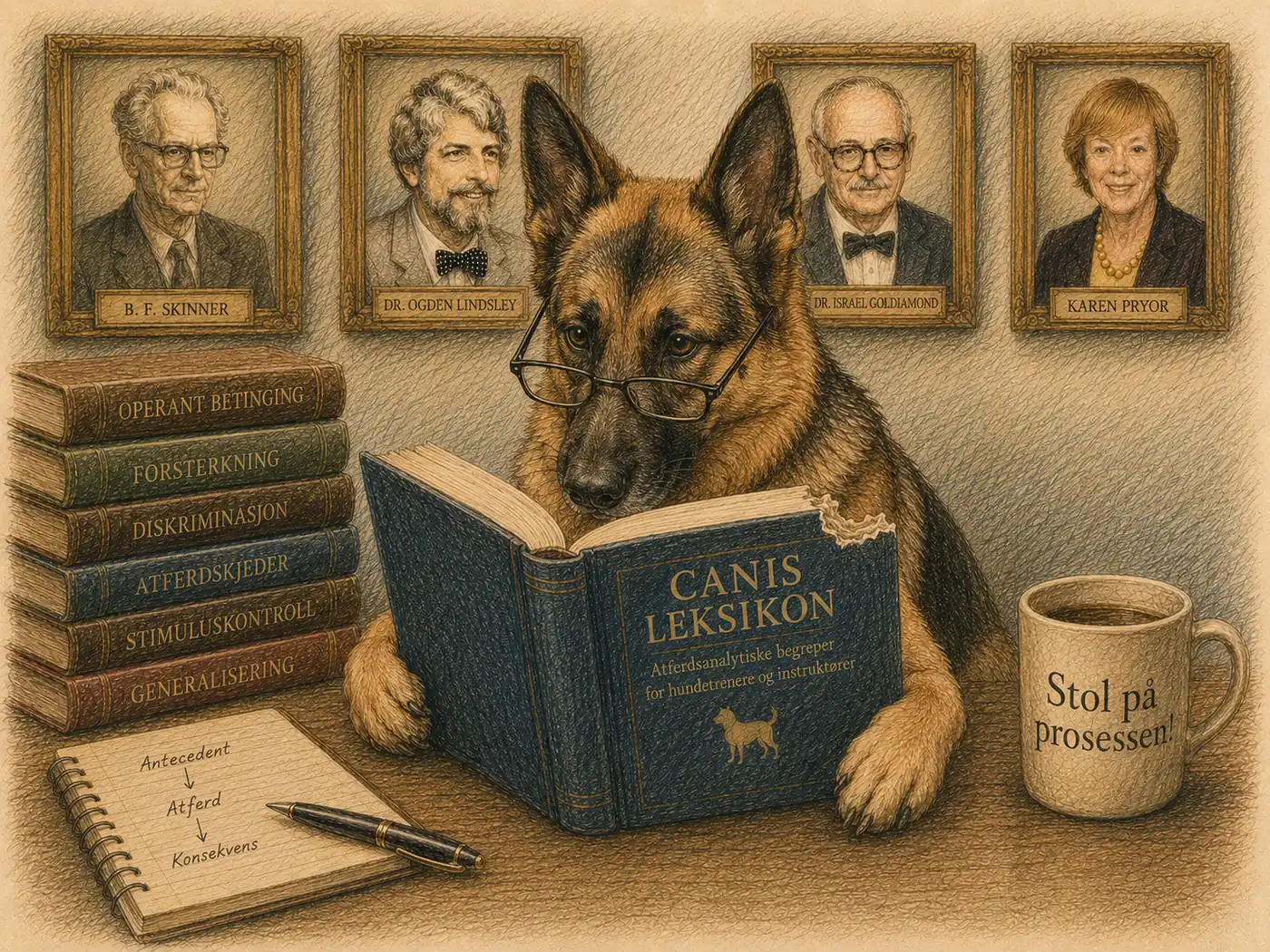 Schäfer med briller leser Canis Leksikon